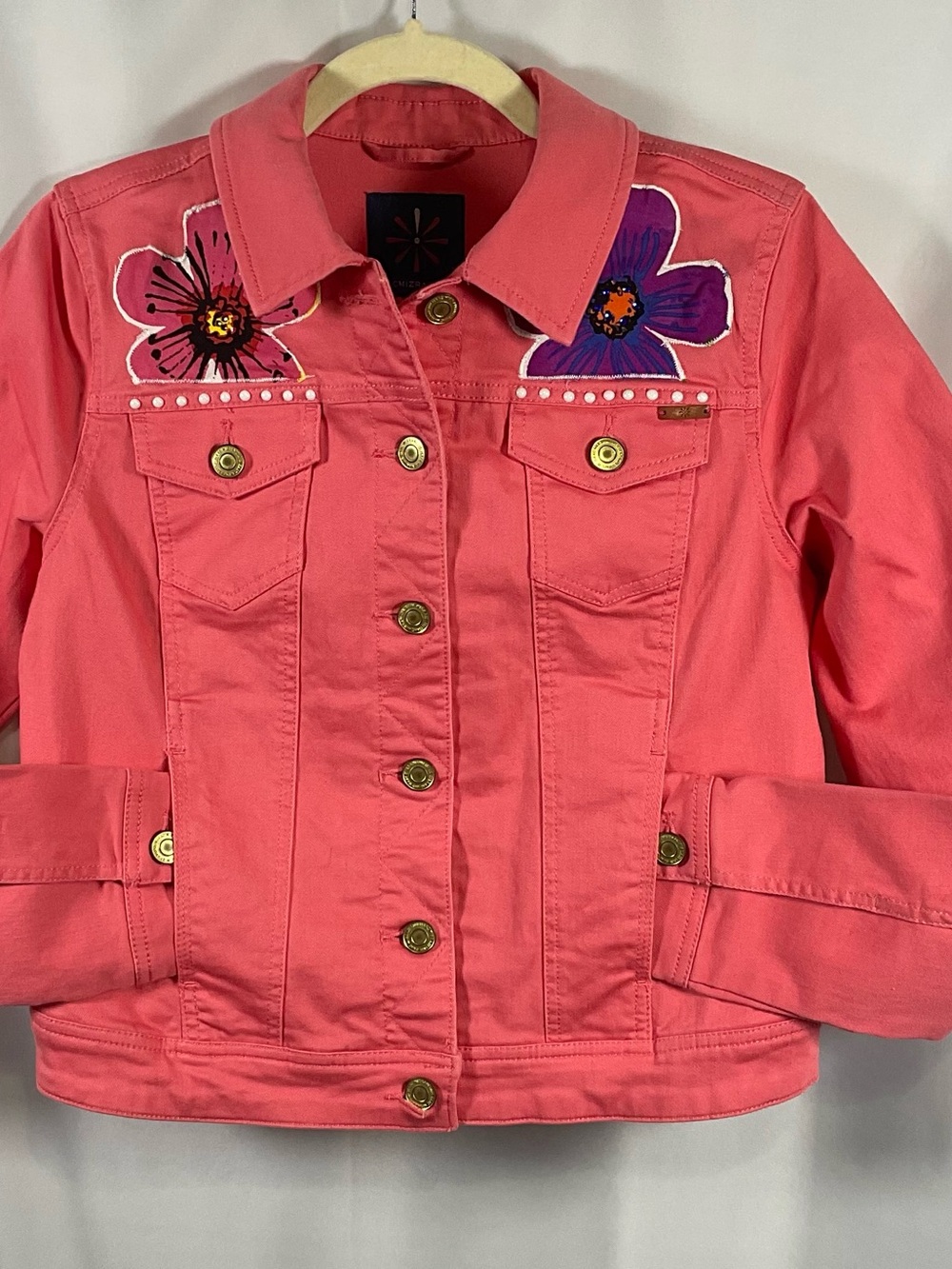 Isaac Mizrahi Live Pink Floral Embellished Denim Jacket Women’s Size 2 Cotton St